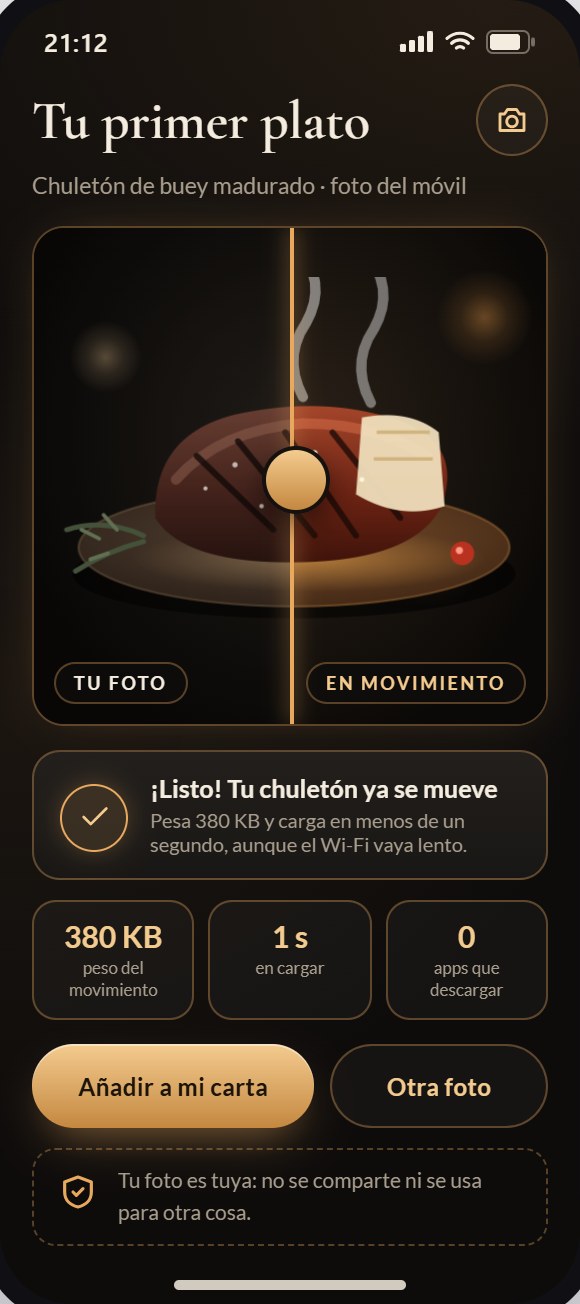A la izquierda, la foto de un chuletón tal como sale del móvil; a la derecha, el mismo plato con vapor y movimiento